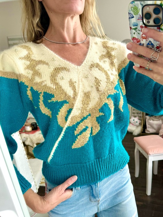 Jaclyn Smith Sweaters - Vintage Jacklyn Smith Beaded Angora Sweater Teal Gold Fits S